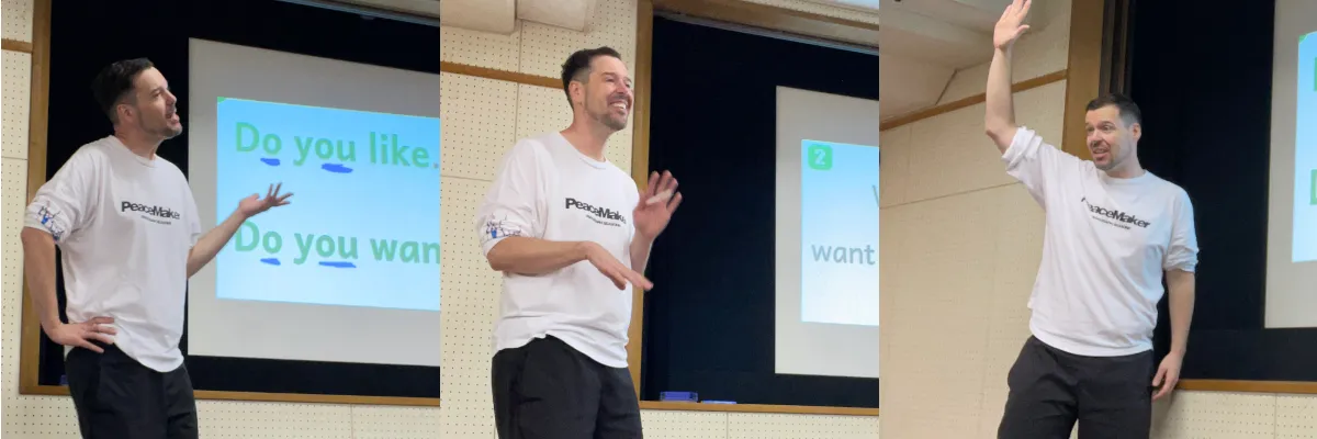 Chris teaching English listening lessons in a classroom